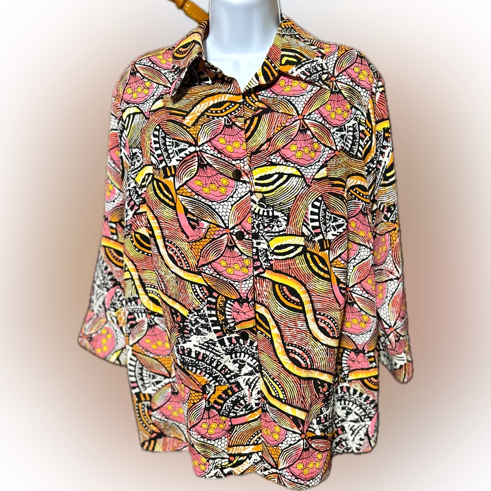 Coral Pink, Gold & Black 1X/16W Mock Cami-Collared 3/4 Sleeve Button Down Blouse